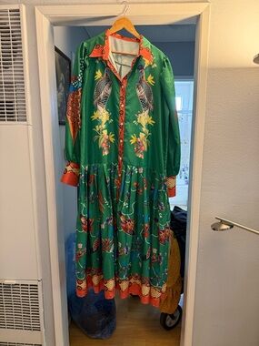 Green Bird-Print Button-Front Maxi Dress